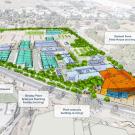 An artistic rendering of the 40,000-square-foot Lynda and Stewart Resnick Center for Agricultural Innovation and its approximate location off Hutchison Drive in Davis. (UC Davis)