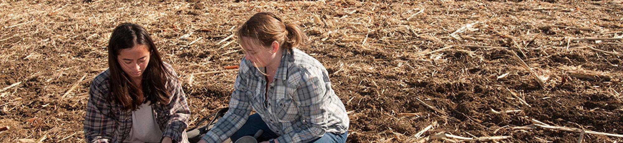 Students Mia Kawamoto and Amy Bump sift soil together during a class at Russell Ranch. (Gregory Urquiaga/UC Davis)