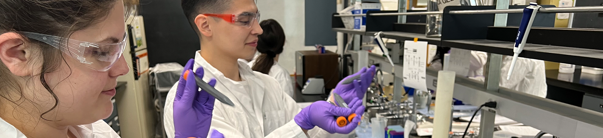 Two people prepare samples for testing in a lab.