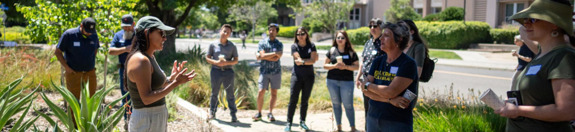 Jessica Colvin, continuing lecturer in landscape architecture, gave a tour of the Robbins Hall landscape sharing insights and ideas during a recent NatureRX Landscape Tour and Tea event. 