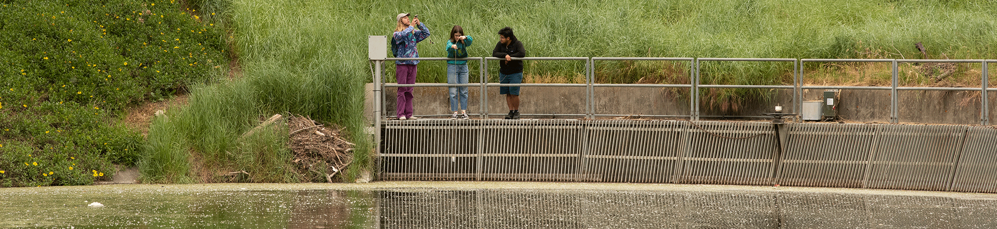 Ian Ramshorn-Halburton, a PhD candidate, (in hat) talks with Zoe Dueltgen and Ricardo Pineda as they take water samples that will be analyze in the lab on May 3, 2023 in the Arboretum.